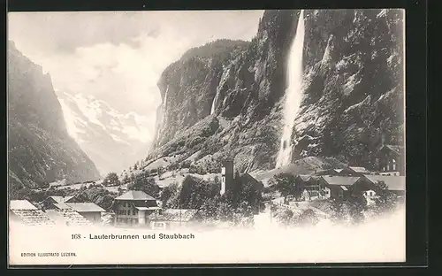AK Lauterbrunnen, Ortsansicht mit Staubbach und Alpenpanorama