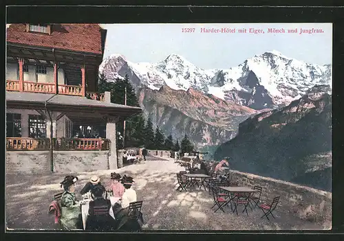 AK Harder, Terrasse des Harder-Hotels mit Blick auf Eiger, Mönch und Jungfrau