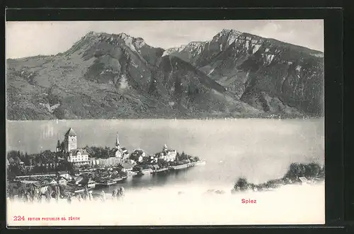 AK Spiez, Teilansicht mit See und Bergen