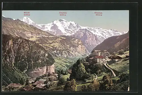 AK Isenfluh, Blick auf den Ort mit Mönch, Jungfrau und Ebnefluh