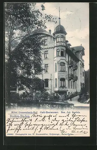 AK Baden-Baden, Hotel Cafe Restaurant Gunzenbach-Hof v. J. Seefels