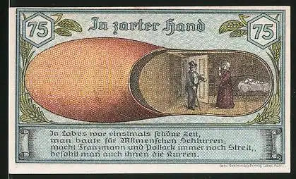 Notgeld Labes 1921, 75 Pfennig, Wappen, Ehepaar beim Gespräch in Schuh abgebildet