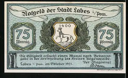Notgeld Labes 1921, 75 Pfennig, Wappen, Ehepaar beim Gespräch in Schuh abgebildet