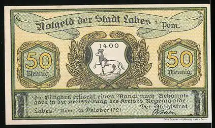 Notgeld Labes 1921, 50 Pfennig, Wappen, Ehepaar am Esstisch, im Schuh abgebildet