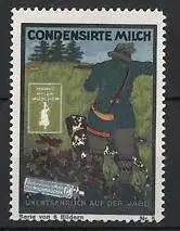 Reklamemarke Kondensierte Milch, Marke Milchmädchen, Jäger mit Gewehr & Jagdhund auf der Pirsch