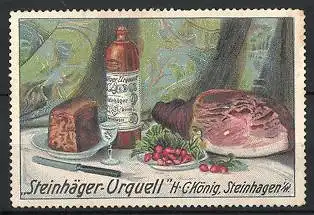 Reklamemarke Steinhagen, Steinhäger-Urquell, H.C. König, Flasche Schnaps & Schinken
