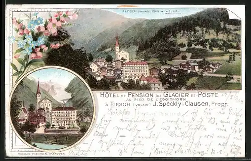 Lithographie Fiesch, Hôtel Pension du Glacier et Poste v. J. Speckly-Clausen