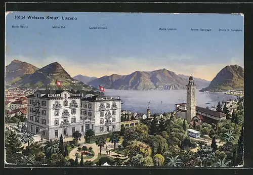 AK Lugano, Hotel Weisses Kreuz, Blick auf den See