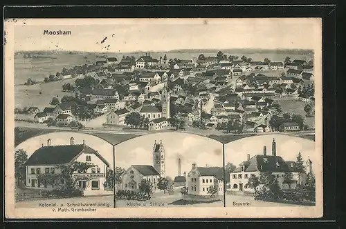 AK Moosham, Brauerei, Kolonial- u. Schnittwarenhandlung v. M. Grimbacher, Kirche und Schule