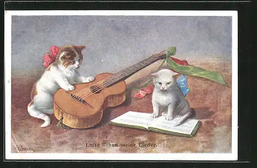 Künstler-AK C. Öhler: kleine Katzen mit Gitarre und Notenbuch