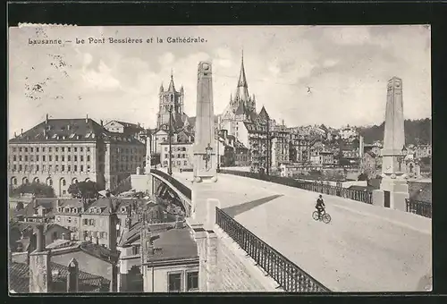 AK Lausanne, Le pont Bessières et la cathedrale, Radfahrer