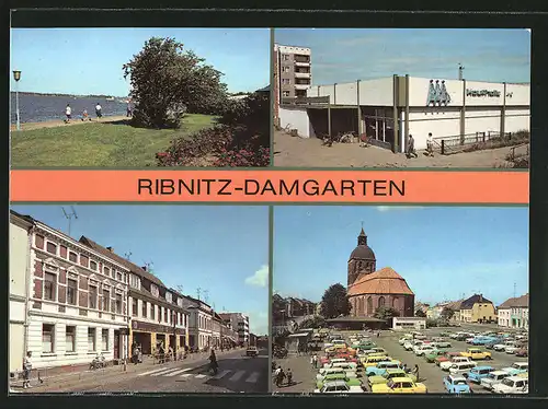 AK Ribnitz-Damgarten, Boddenpromenade, Kaufhalle "Hans Burmeister" und Partie in der Karl-Marx-Strasse