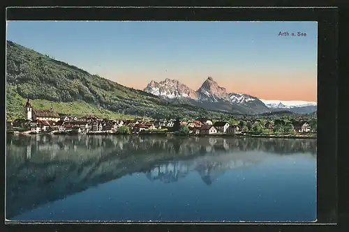 AK Arth am See, Ortsansicht, Alpen-Panorama