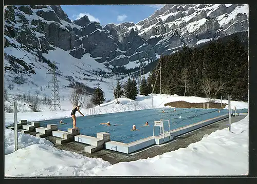 AK Leukerbad / Loèche les Bains, Schwimmbad im Winter mit Gemmipass