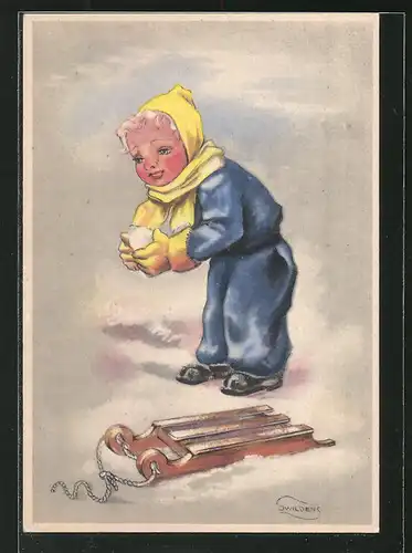 Künstler-AK Swildens: Kind mit Schlitten baut Schneebälle