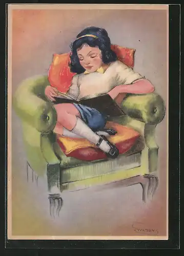 Künstler-AK Swildens: Mädchen liest ein Buch im Sessel