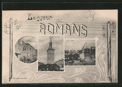 AK Romans, tour Jacquemart, pont sur l'Isére et église Saint-Barnard