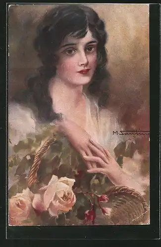 Künstler-AK M. Santino: hübsche Frau stützt sich auf einen Rosenkorb