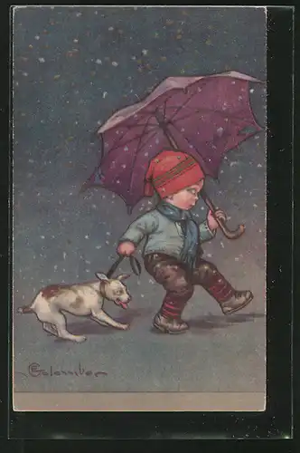 Künstler-AK E.Colombo: Junge zieht seinen Hund durch den Regen