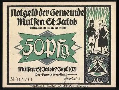 Notgeld Mülsen-St. Jakob 1921, 50 Pfennig, betrunkene Männer wanken nach Hause, Wappen