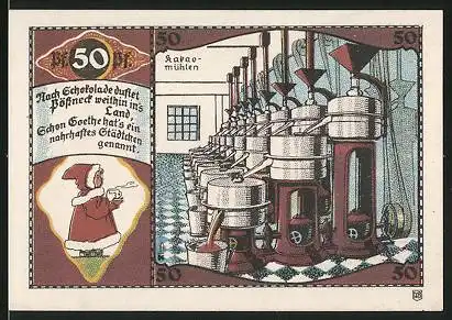 Notgeld Pössneck, 50 Pfennig, Kakaomühlen in einer Schokoladenfabrik, Wappen