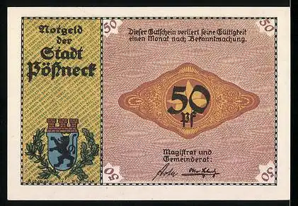 Notgeld Pössneck, 50 Pfennig, Kakaomühlen in einer Schokoladenfabrik, Wappen