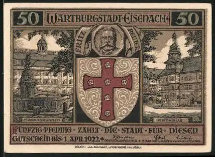 Notgeld Eisenach 1921, 50 Pfennig, Portrait Fritz Reuter, Rathaus, Marktbrunnen, Wappen, Schutzpatron von Eisenach