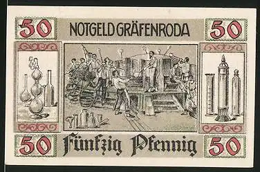 Notgeld Gräfenroda 1921, 50 Pfennig, Glashütte, Glasbläser bei der Arbeit, Wilhelmshütte