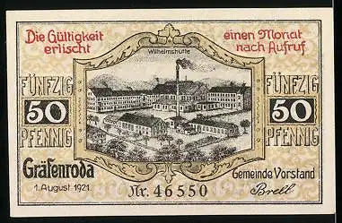 Notgeld Gräfenroda 1921, 50 Pfennig, Glashütte, Glasbläser bei der Arbeit, Wilhelmshütte