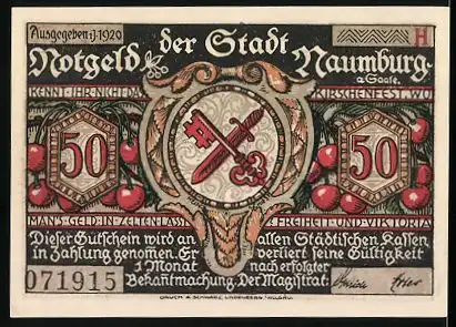 Notgeld Naumburg 1920, 50 Pfennig, Mann führt Mädchen zu Prokop, Wappen