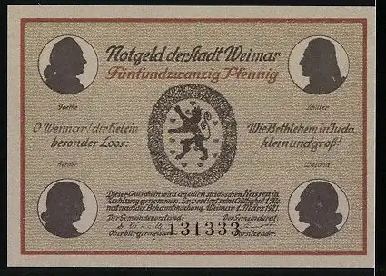Notgeld Weimar 1921, 25 Pfennig, Wappen, Weimar in alter Zeit