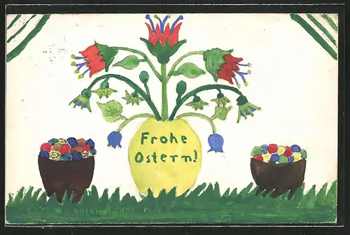 Künstler-AK Handgemalt: Frohe Ostern, Blumen und bunte Eier
