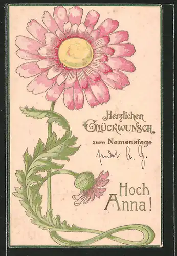 Präge-AK Namenstag Anna, rosa Blume