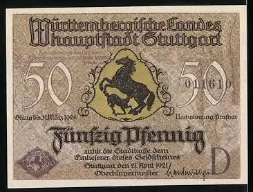 Notgeld Stuttgart 1921, 50 Pfennig, Cannstatt - Wilhelmsbrücke, Stadtwappen