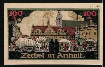 Notgeld Zerbst 1921, 100 Pfennig, Wappen, Marktstände auf dem Marktplatz