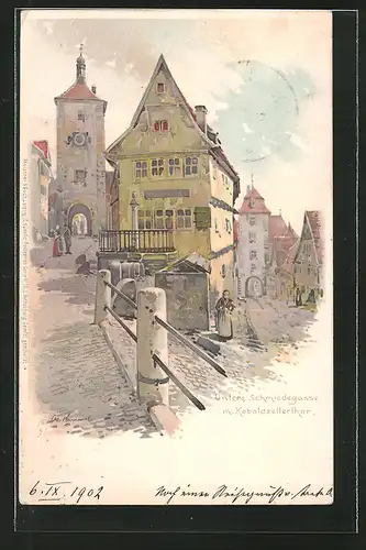 Künstler-Lithographie Otto Hammel: Rothenburg, Untere Schmiedegasse mit Koboldzellertor