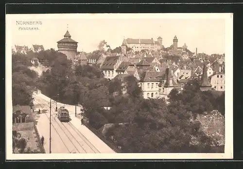 AK Nürnberg, Strassenbahn vor dem Hallertor mit Blick zur Burg