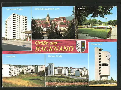 AK Backnang, Sulzbacher Strasse, Stiftskirche und Stadt-Turm, Freibad, Wasserturm, Berliner Strasse, Weststadt
