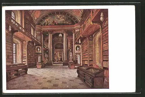 Künstler-AK Wien, Prunksaal der Nationalbibliothek, Innenansicht