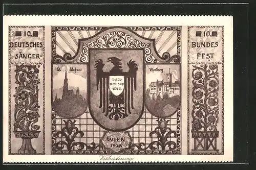 Künstler-AK Wien, 10. Dt. Sängerbundesfest 1928, St. Stefan, Wartburg in Eisenach, Wappen