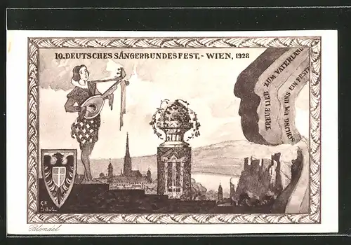 Künstler-AK Wien, 10. Dt. Sängerbundesfest 1928, Sänger mit Laute, Wappen