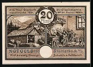 Notgeld Stützerbach, 1921, 20 Pfennig, Zahnradbahn, Bergbahn, Glashütte, Glasbläser