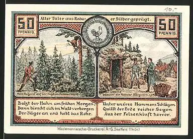 Notgeld Roda, 1921, 50 Pfennig, Karl August jagd Auerhahn, Goethe am Bergwerk, alte Nagelschmiede