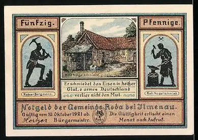Notgeld Roda, 1921, 50 Pfennig, Karl August jagd Auerhahn, Goethe am Bergwerk, alte Nagelschmiede