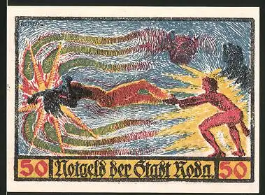 Notgeld Roda, 1921, 50 Pfennig, Teufel hat Frau in seinem Bann, Wappen