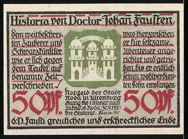 Notgeld Roda, 1921, 50 Pfennig, Teufel hat Frau in seinem Bann, Wappen