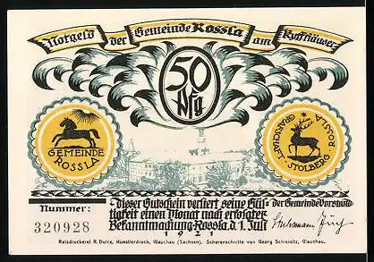 Notgeld Rossla, 1921, 50 Pfennig, Kaiser Barbarossa im unterirdischen Schloss, Schloss & Siegel