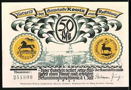 Notgeld Rossla, 1921, 50 Pfennig, Kaiser Barbarossa's Bart ist durch den Tisch gewachsen, Schloss & Siegel