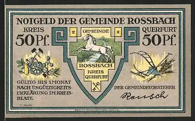 Notgeld Rossbach, 50 Pfennig, Wappen, Siegesdenkmal zur Erinnerung an die Schlacht von 1757