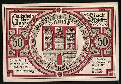 Notgeld Colditz, 1921, 50 Pfennig, Schweden brennen den Ort nieder um 1637, Wappen